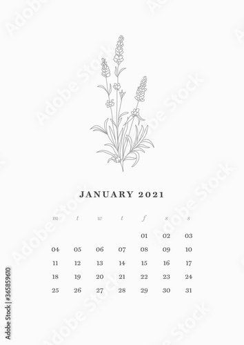 01 of 13 - JANUARY Month, Flowers Line Art Calendar 2021 Year. Floral Illustrations Clean and Simple Calendar 2021 Design Vector Template Set. Printable and Editable Desk Planner 2021.