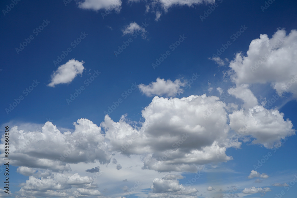 The beautiful bright sky with many white fluffy clouds fly on blue and clear background