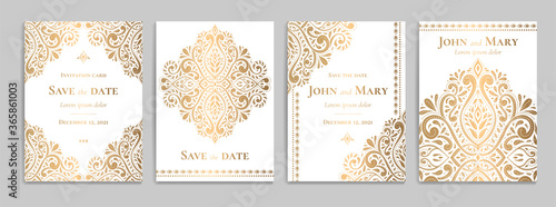 Wedding invitation card with luxury gold pattern design on a white background. Vintage ornament template. Can be used for flyer, wallpaper, packaging or any desired idea. Elegant vector elements. photo