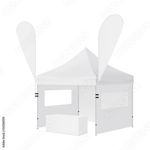 Promotion marquee with hanging flags and table for commercial event. Vector illustration
