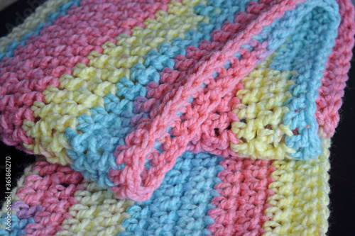 Snood scarf made of handmade wool yarn.Crocheting.