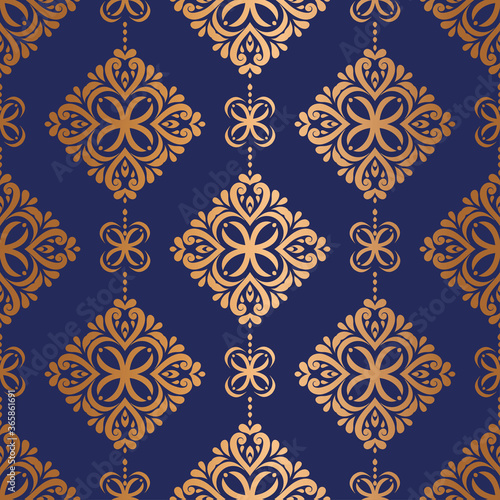 Dark blue and gold ornamental seamless pattern. Vintage vector, paisley elements. Traditional, Turkish, Indian motifs. Great for fabric and textile, wallpaper, packaging or any desired idea.