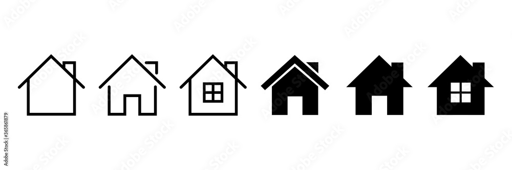 Vector home icons. House symbol. Set of real estate objects and houses black icons isolated on white background. Vector home icons. House symbol. Set of real estate objects and houses black icons isolated on white background.