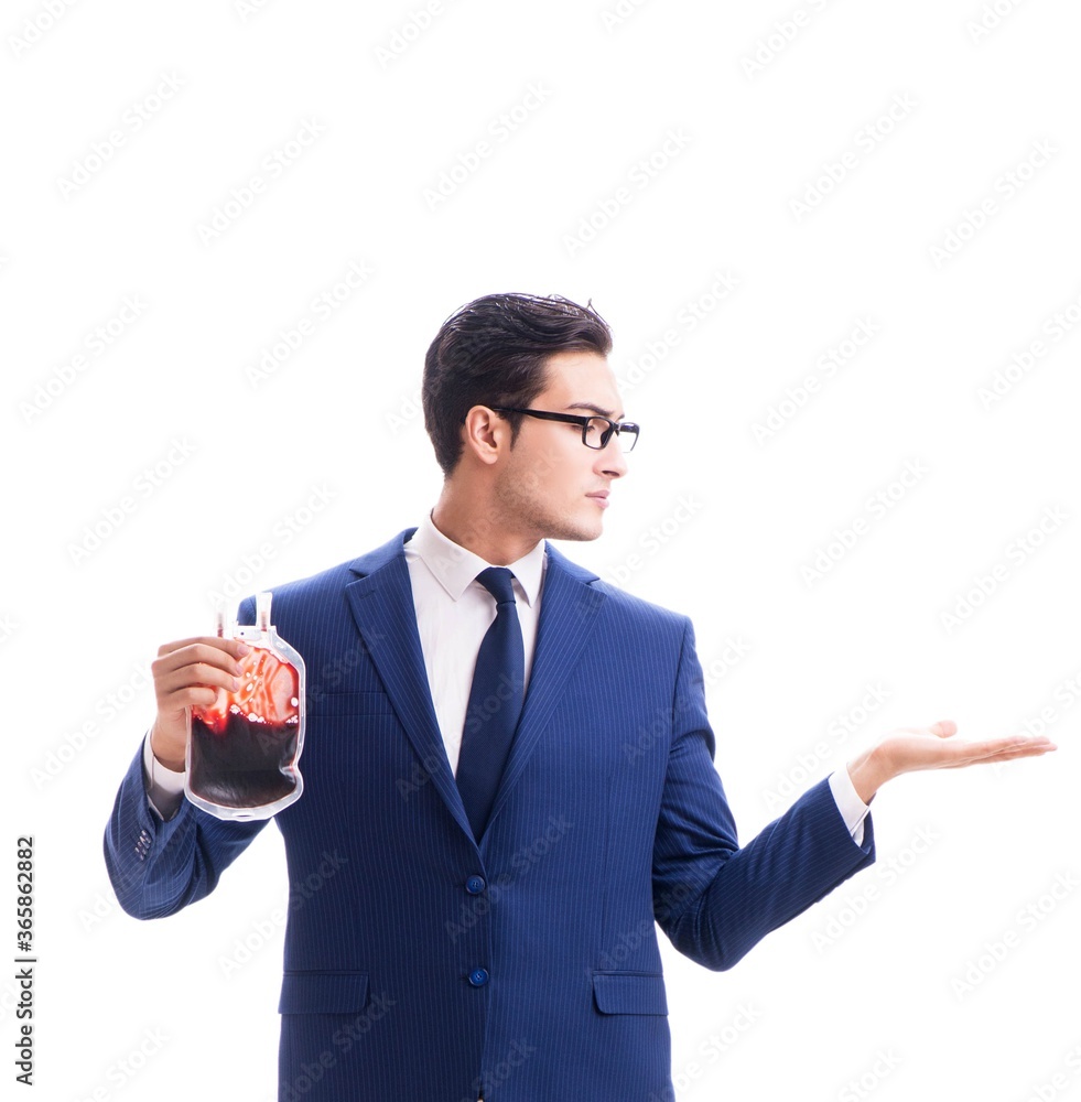 Businessman with blood bag isolated on white Businessman with blood bag isolated on white