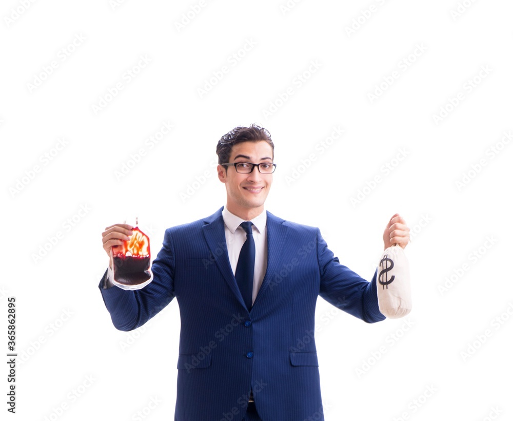 Businessman with blood bag isolated on white Businessman with blood bag isolated on white