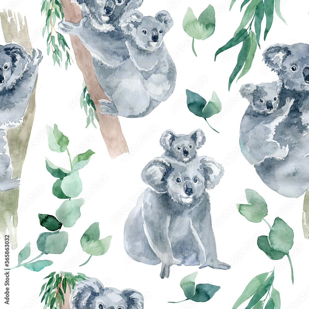 Plakat watercolor seamless pattern with koala with eucalyptus branches. The symbol of Australia is a cute koala bear with a cub behind its back. Koala sketch hand-drawn.