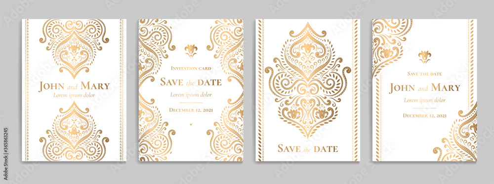 Wedding invitation card with luxury gold pattern design on a white  background. Vintage ornament template. Can be used for flyer, wallpaper,  packaging or any desired idea. Elegant vector elements. Stock Vector |