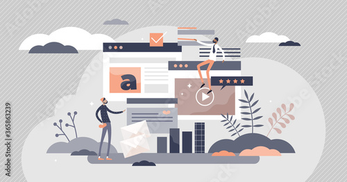 Digital content with online data and media streaming tiny persons concept
