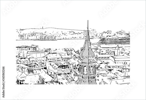 Building view with landmark of Aalborg is a city in the Jutland region of Denmark. Hand drawn sketch illustration in vector.