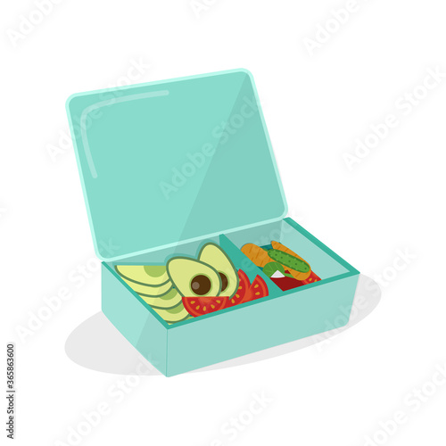 Lunch Box, vector illustration. Vegetables, avocado, tomato, cucumber, radish. Proper nutrition.