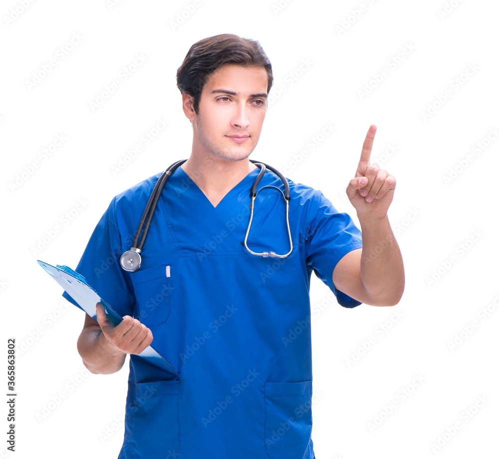 Young male doctor pressing buttons isolated on white Young male doctor pressing buttons isolated on white