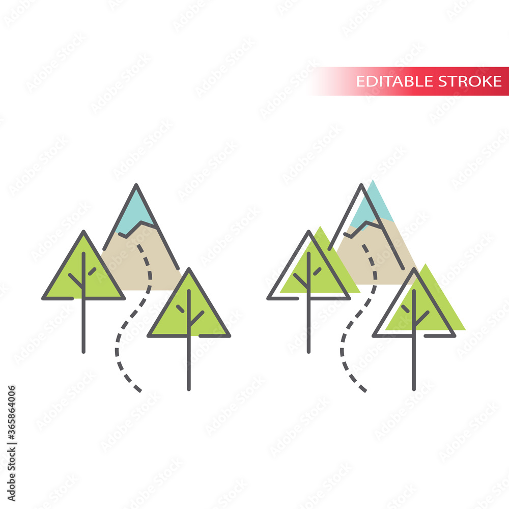 Hiking trail with trees and mountain vector icon. Outdoor hiking in nature outline symbol, editable stroke and colorful fill. Hiking trail with trees and mountain vector icon. Outdoor hiking in nature outline symbol, editable stroke and colorful fill.
