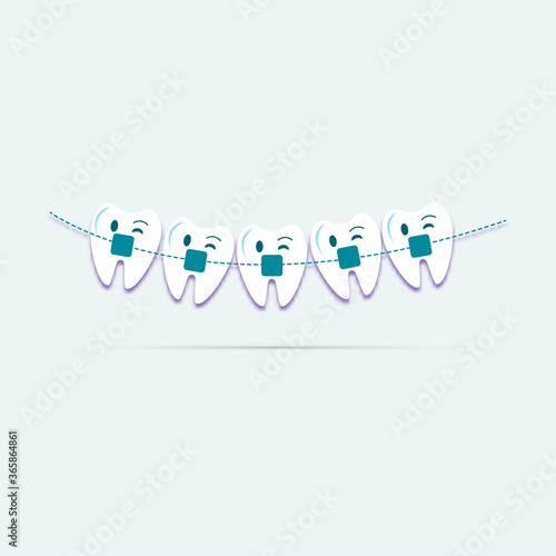 Dentistry, orthodontics Smile with braces.  Vector illustration of cute cartoon teeth in braces on an isolated blue background. Suitable for dental clinic,printing on postcard, poster, print. 