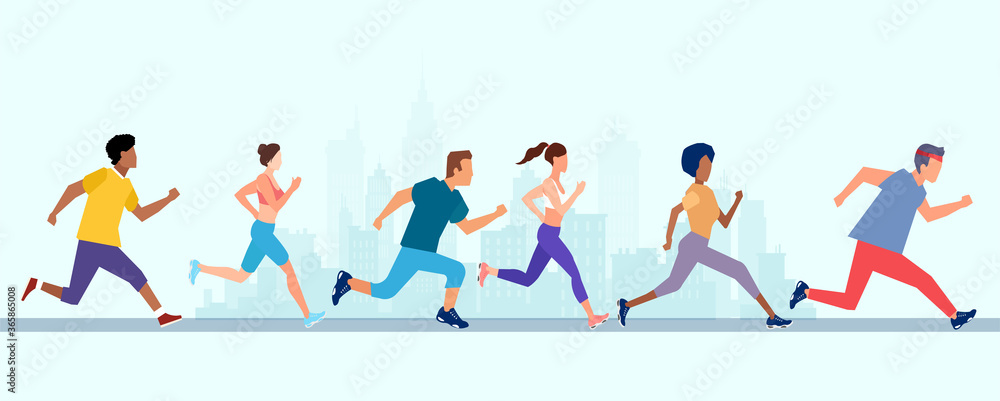 Vector of men and women running marathon jogging on a city street. Vector of men and women running marathon jogging on a city street.