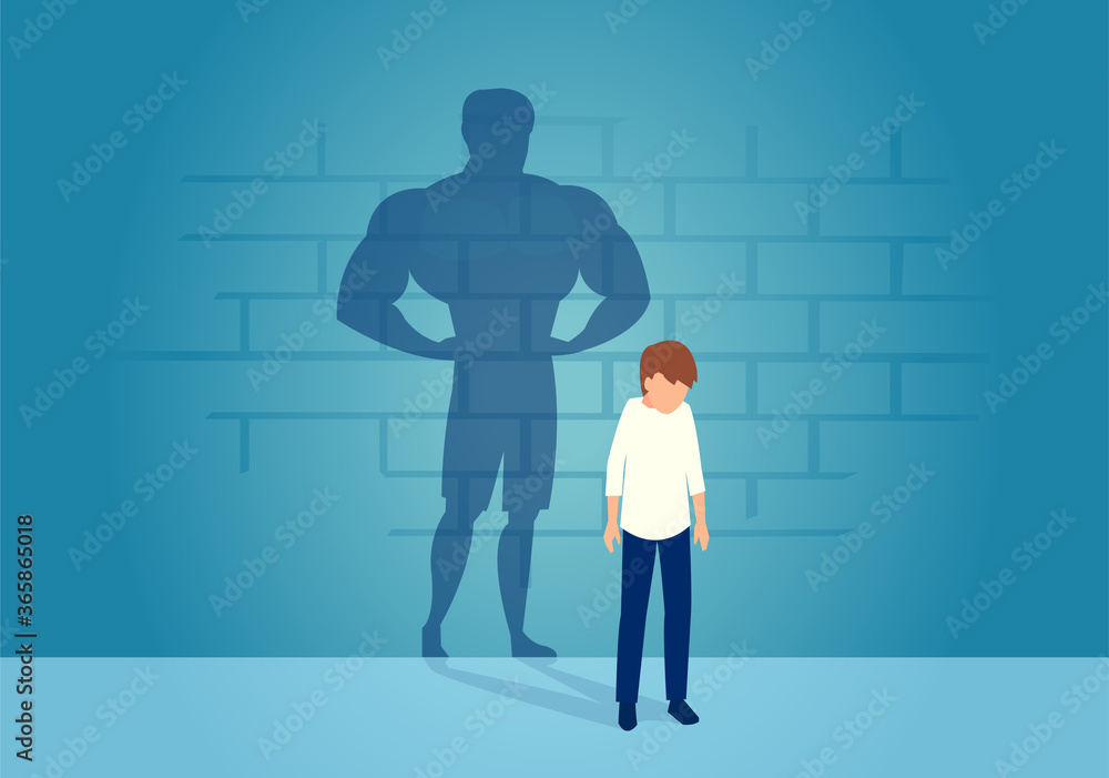 Vector of a weak man teenager standing depressed in front of a wall with his strong shadow of himself Vector of a weak man teenager standing depressed in front of a wall with his strong shadow of himself