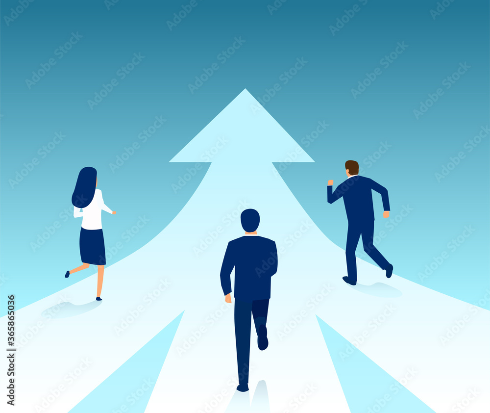 business people running from different directions towards same target.