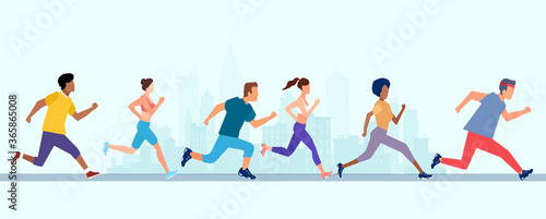 Vector of men and women running marathon jogging on a city street.