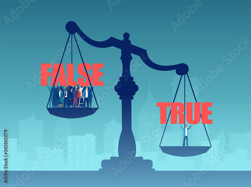 Vector of a crowd of false people being outweighed by a man on a judge scales