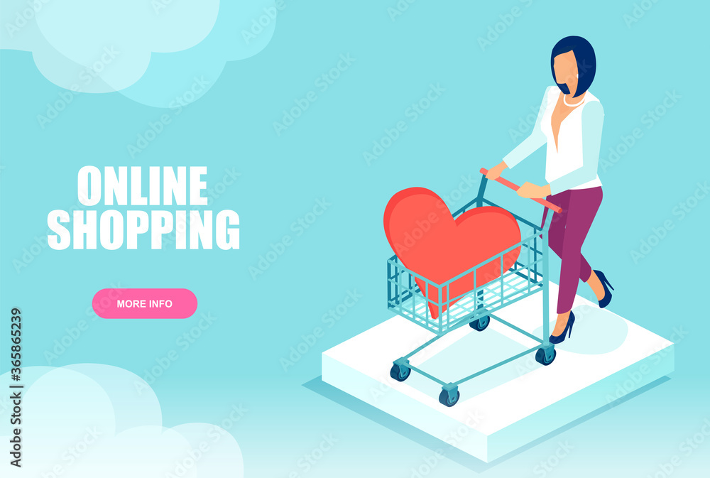 vector of a woman with shopping cart and red heart vector of a woman with shopping cart and red heart
