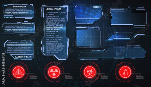 HUD, UI, GUI futuristic frame user interface screen elements set. Set with call outs communication. Abstract control panel layout design. Virtual hi Scifi technology gadget interface for game app