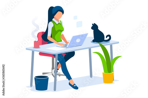 Talking online, concept of working at home. Character sitting at the office looking screen on the desk. Office character working online. Woman at home sitting looking for work. Flat Vector
