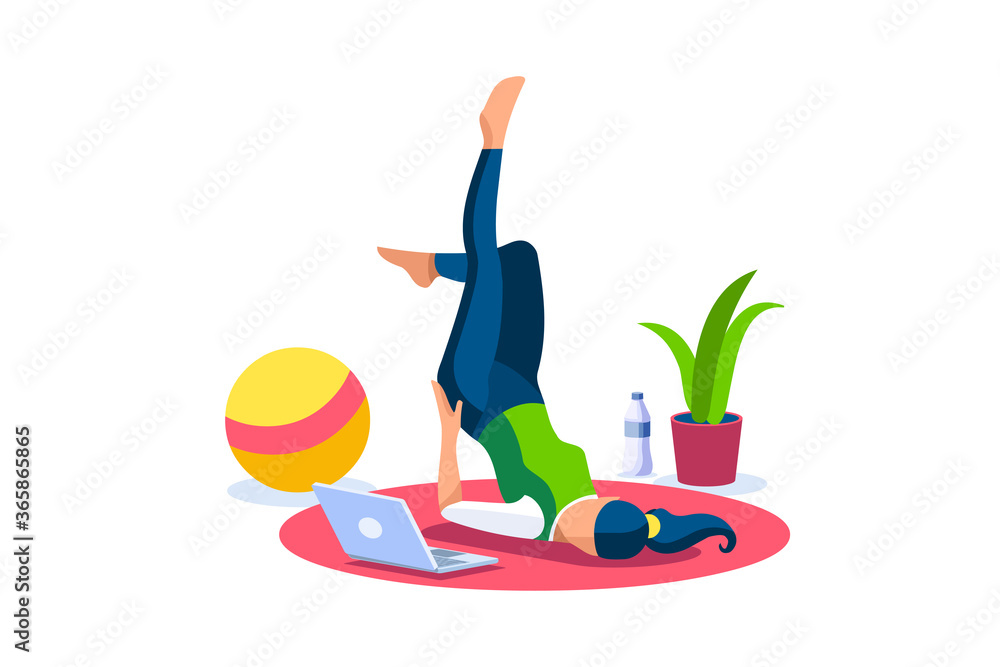 Girl wellness, sports at home by workout doing. Healthy workout for the body, home indoor sports for female wellness. Training female indoors for body health concept. Cartoon style vector illustration