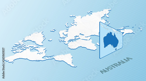 World Map in isometric style with detailed map of Australia. Light blue Australia map with abstract World Map.