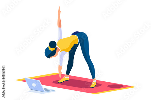 Girl wellness, sports at home by workout doing. Healthy workout for the body, home indoor sports for female wellness. Training female indoors for body health concept. Cartoon style vector illustration