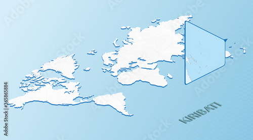 World Map in isometric style with detailed map of Kiribati. Light blue Kiribati map with abstract World Map.