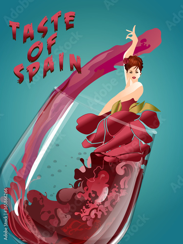 Flamenco. Taste of Spain. Sexy DANCING flamenco lady. Spanish red wine glass on blue background. Vector Flyer for your design, prints, your business.