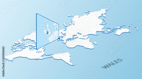 World Map in isometric style with detailed map of Wales. Light blue Wales map with abstract World Map.