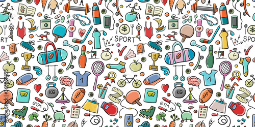 Healthy Lifestyle Background. Sport and activity. Fintess design elements. Seamless Pattern