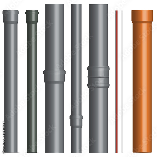 Set of various plastic pipes with connectors, vector illustration.