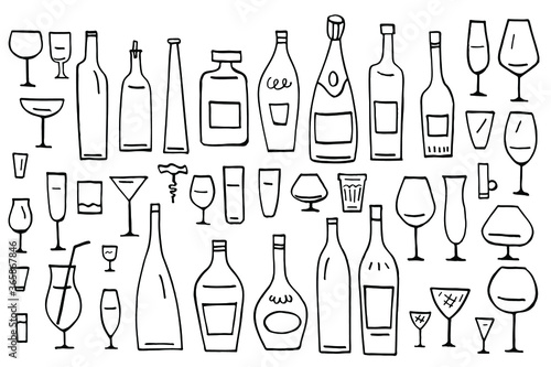 Vector set of cartoon wine bottles and wineglasses. 
