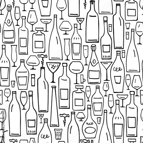 Seamless patter with cartoon bottles and glasses. Outline. Vector image.