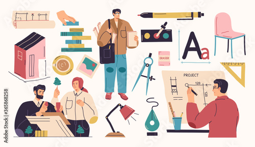 Collection of male and female architects and construction engineers working on architecture project. Vector illustration
