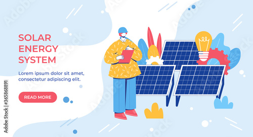Alternative energy engineering concept. Workers with solar panels.