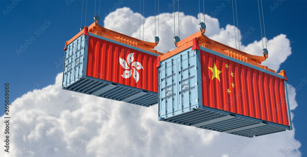 Freight containers with Hong Kong and China flag. 3D Rendering 