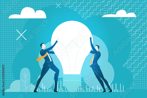 Business people holding up light bulb.  Business, finance industry background with business people working and solving the problems, workflow management. Leadership and business concept flat design.