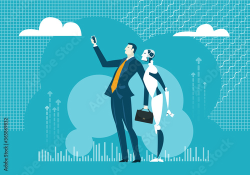 Businessman and robot. People VS cyborgs, future reality. Artificial Intelligence Concept. Leadership and business concept flat design.