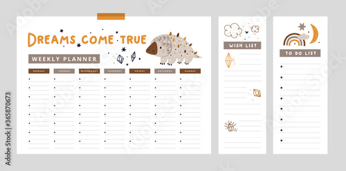 Weekly planner, wish list, to do list in cartoon flat style with cute dinosaur and rainbow, moon, stars. Dreams come true. Set of digital prints. Back to school timetable or schedule