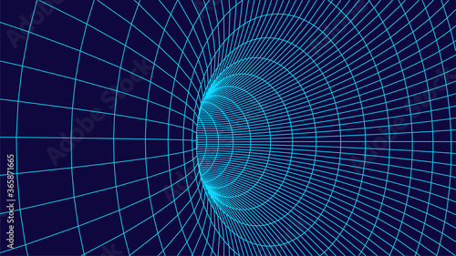 Technology wireframe tunnel on blue background. Futuristic 3D vector grid.