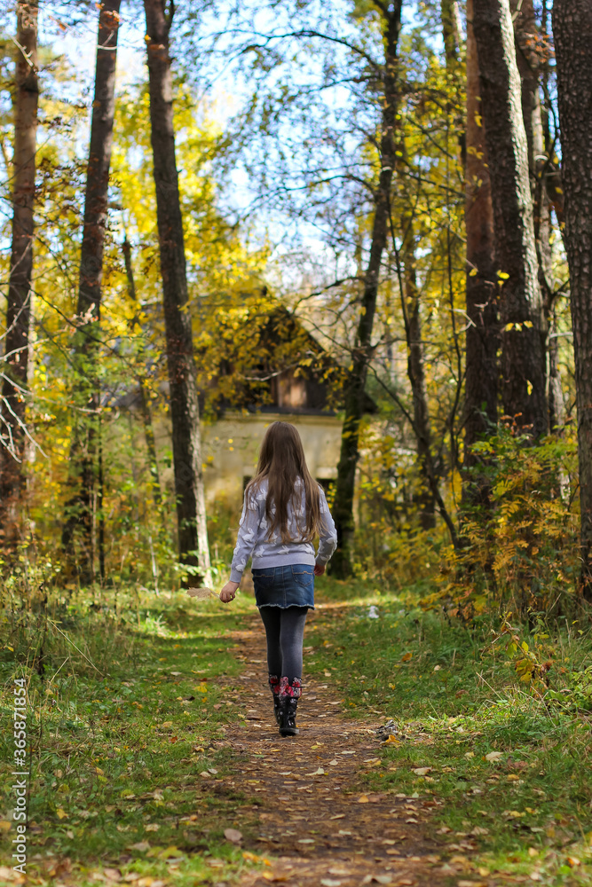 Cute little girl with long hair walking in autumn park on a sunny fall day. Autumn, childhood, holidays, vacation concept.