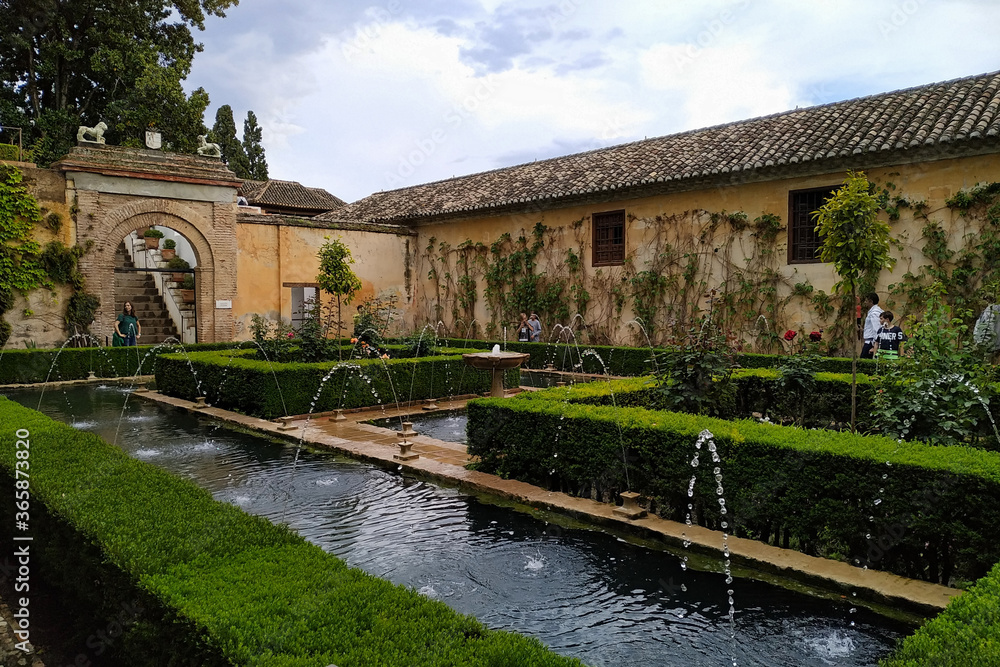 Granada, Spain - May 2, 2019: The Alhambra's Generalife courtyard