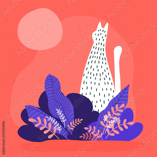 Abstract cat and  plant background. Hand drawn  template for birthday card, summer party invitation, seasonal sale, modern art gallary advertising, t shirt picture or bag print etc. photo