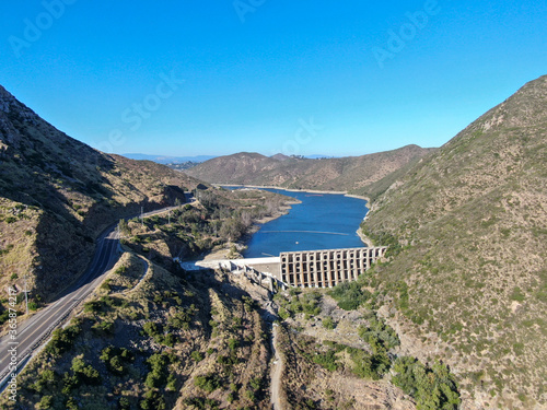 Aerial view of Lake Hodges Dam surrounded by Bernardo Mountain, Rancho Bernardo, East San Diego County, California, USA  photo