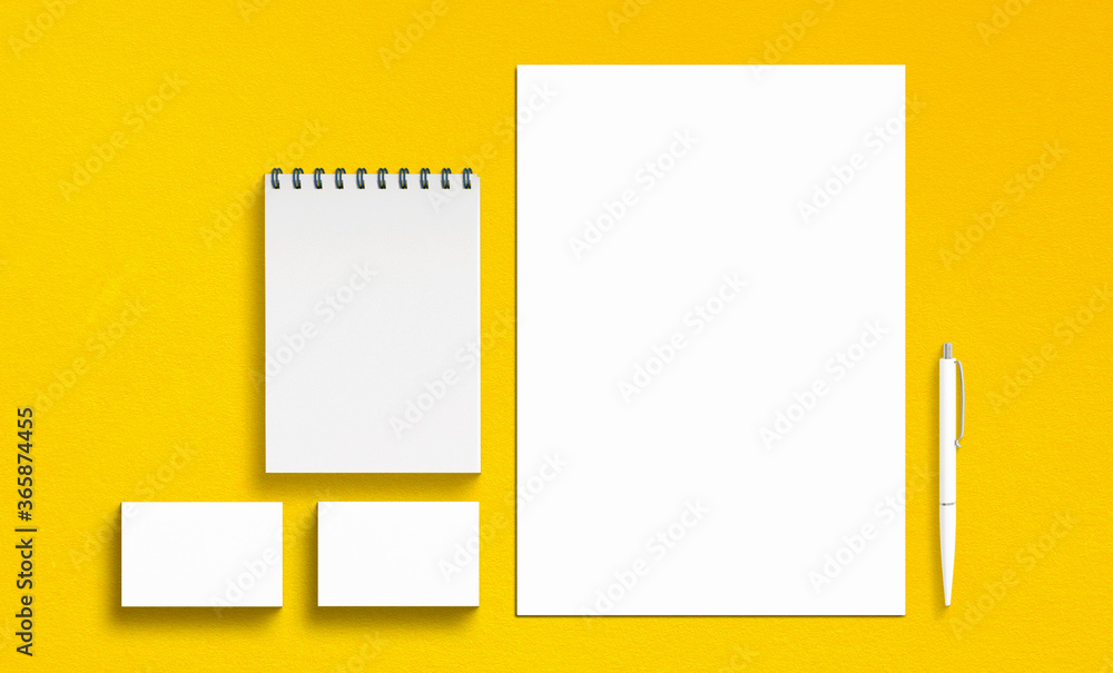 Minimalist Identity Blank Stationery Set on yellow background Minimalist Identity Blank Stationery Set on yellow background
