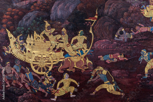 Gold color of old mural is the story of Ramakian,Generally in Thailand, any kinds of art decorated in Buddhist church, temple pavilion, temple hall, monk's house etc. created with money donated by peo