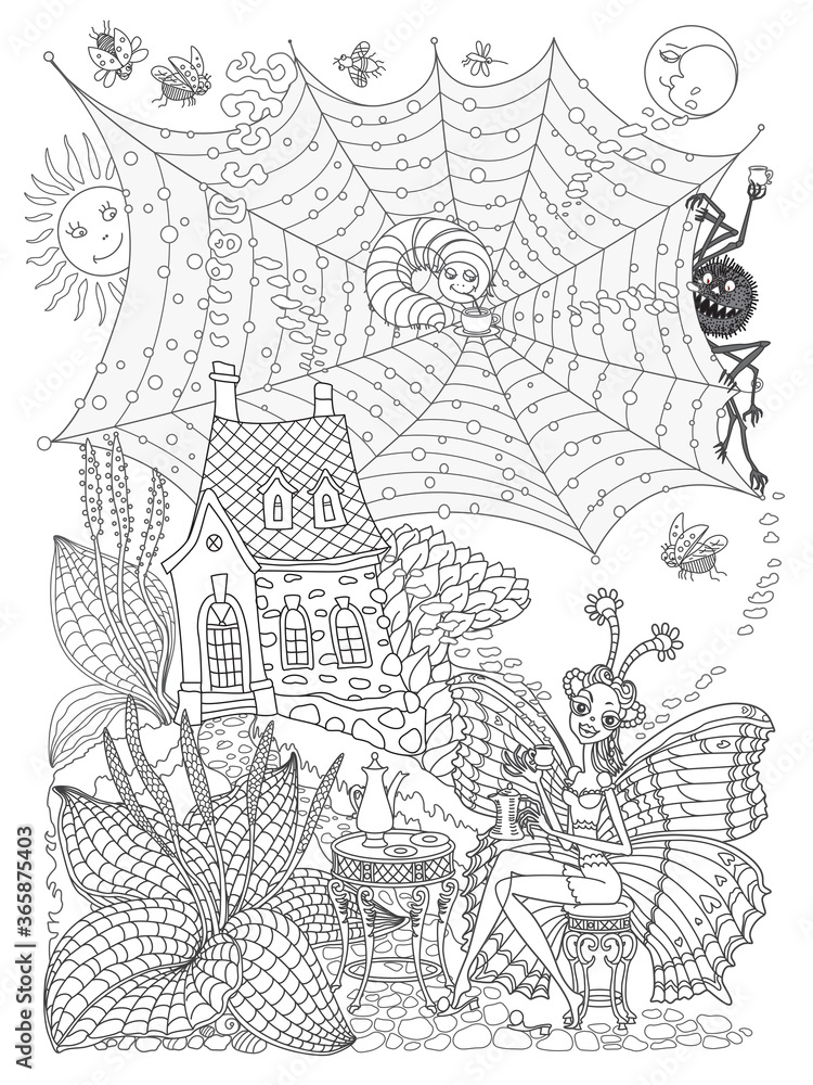 Fairy tale butterfly woman, caterpillar and spider, drinking morning coffee near the house and goose grass. Linear contour doodle sketch. Tee-shirt print, adults coloring book page, café menu brochure