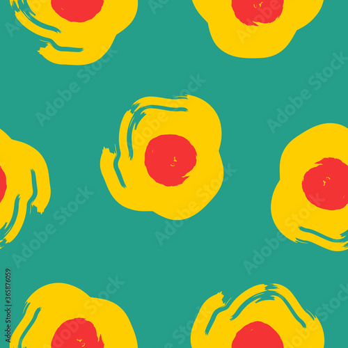 vector rough yellow and red circles brush stroke overlap seamless pattern on green